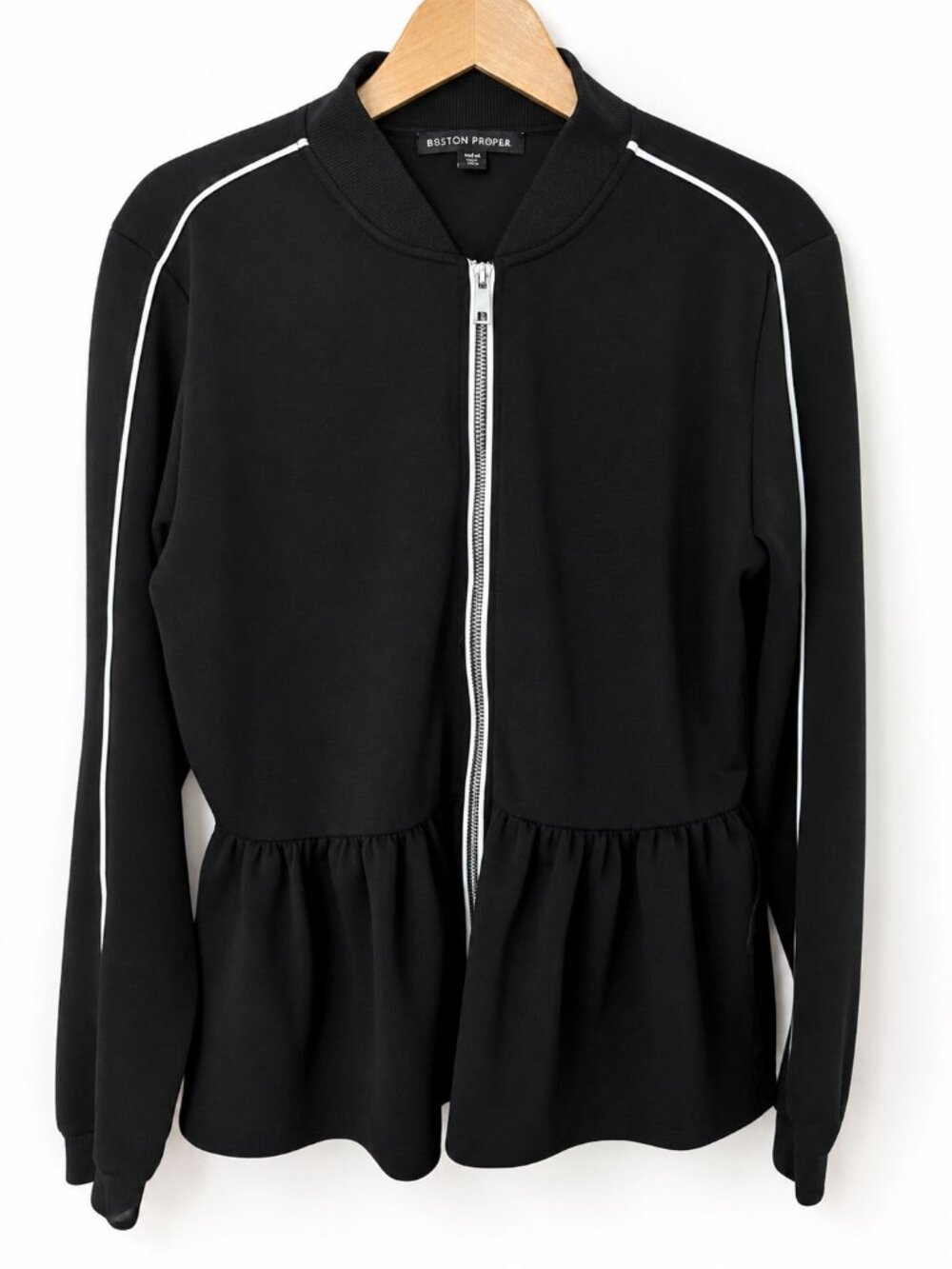 Boston Proper Boston Proper Medium Black Peplum Zip Jacket Contrast Piping - Picture 3 of 8